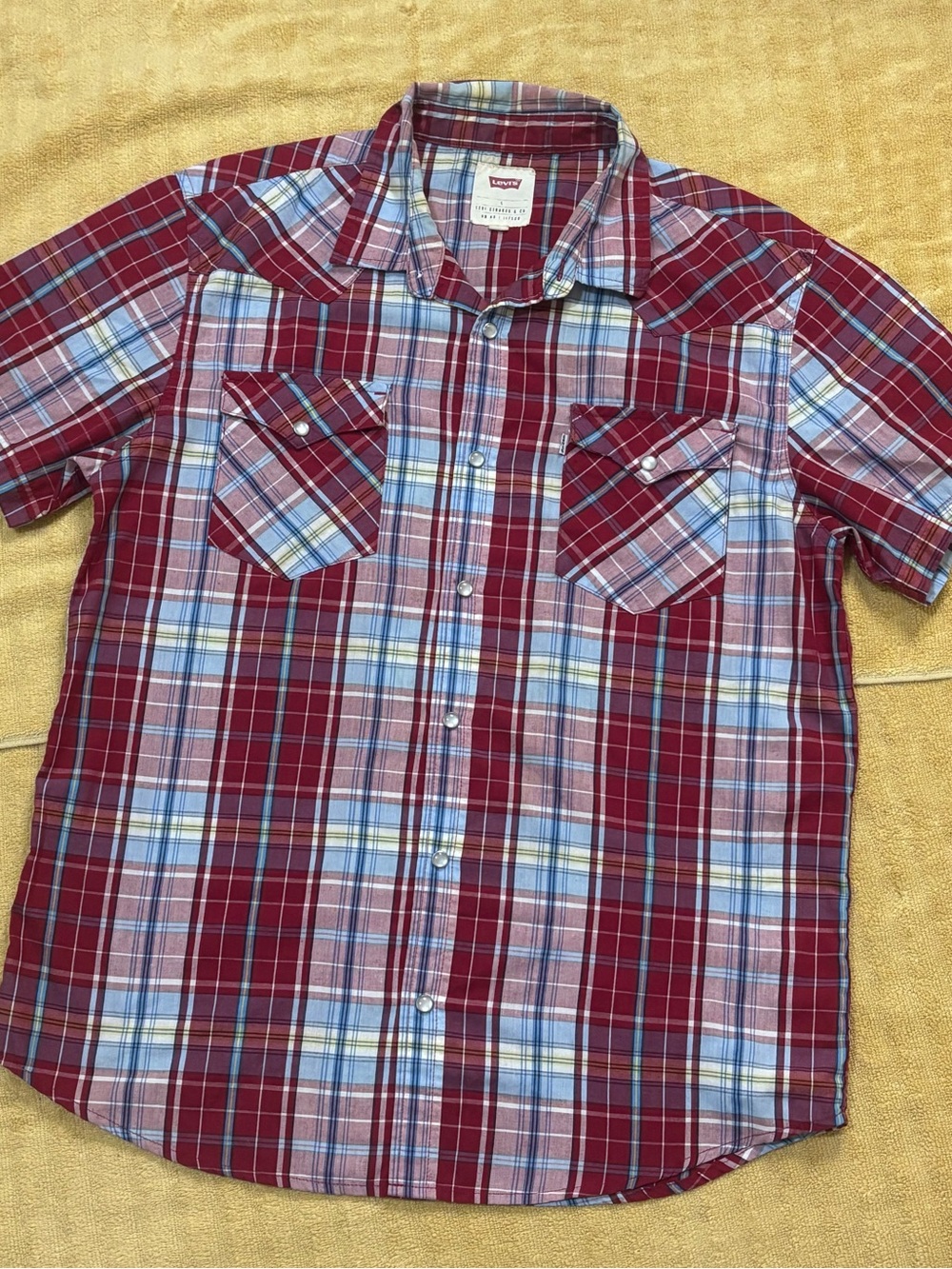 Levi's Short Sleeve Plaid Western Pearl Snap Shirt Red Blue L